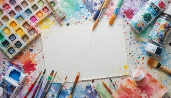 Fototapeta Innovative flat arrangement of art tools using vibrant paints, brushes, and a background of textured paper