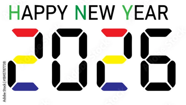 Fototapeta Happy new year 2026 digital display celebration greeting festive countdown event holiday announcement graphic design celebration countdown party invitation banner design