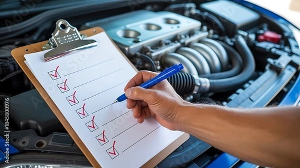 Obraz Vehicle inspection checklist with mechanic checking engine condition
