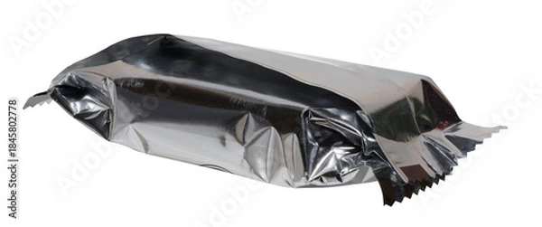 Obraz Crumpled silver foil packaging with torn edges, isolated background
