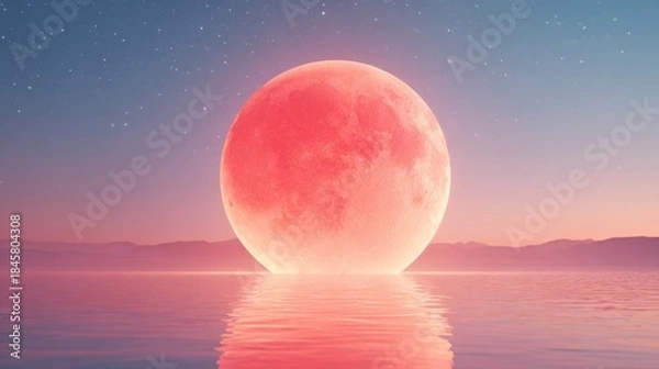 Obraz Large red moon over a tranquil lake at sunset