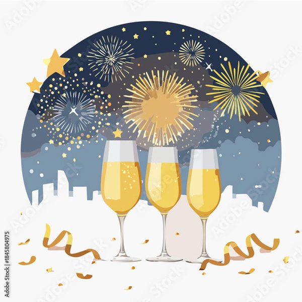 Obraz New Year Champagne Toast Illustration — Clinking Glasses with Fireworks, Flat Festive Vector Collection