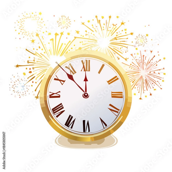 Obraz New Year Countdown Clock Illustration — Elegant Golden Clock with Fireworks and Winter Landscape, Flat Festive Vector Design