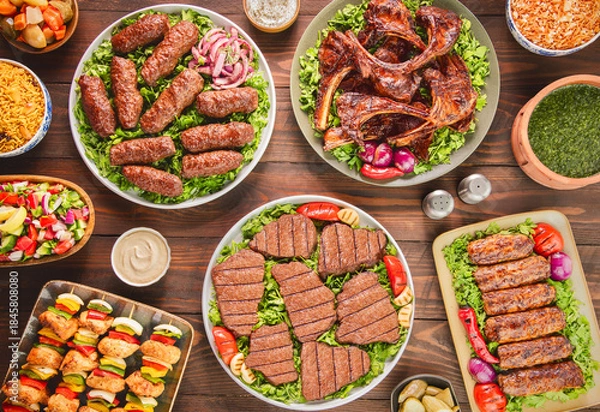 Obraz Arabic Cuisine; A variety of grilled meat dishes such as grilled fillet, ribs, kofta, tarb and shish tawook. Served with delicious side dishes. Top view with close up.