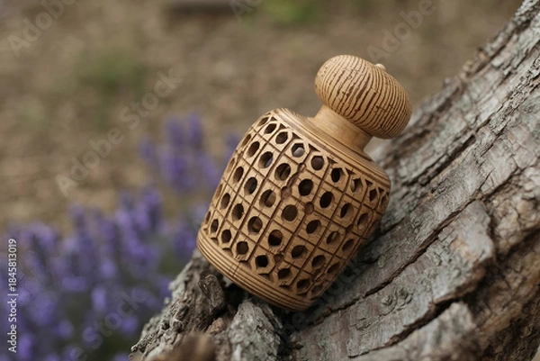 Fototapeta Ornate wooden bottle on rustic tree bark with purple flowers