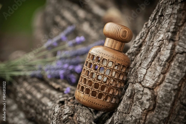 Fototapeta Ornate wooden bottle on rustic tree bark with purple flowers