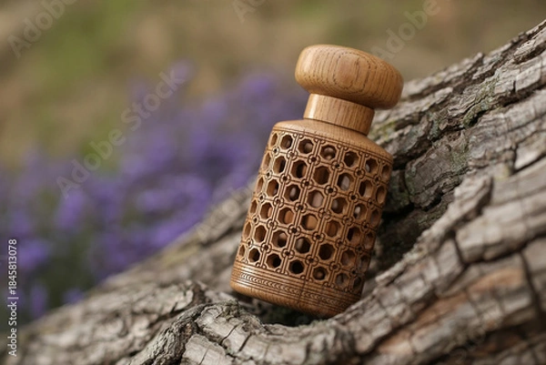 Fototapeta Ornate wooden bottle on rustic tree bark with purple flowers