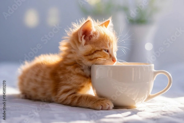 Fototapeta Adorable ginger kitten curiously sniffing a large white coffee cup
