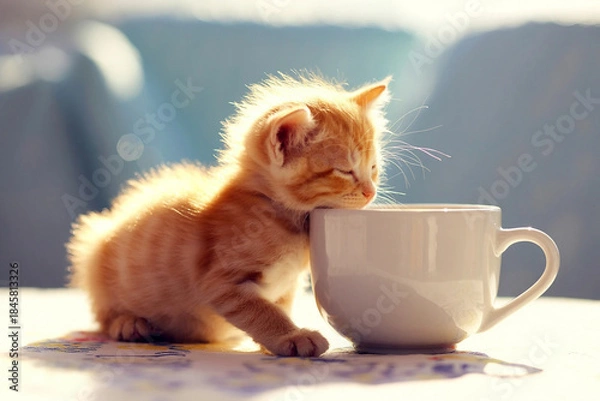 Fototapeta Adorable ginger kitten curiously sniffing a large white coffee cup