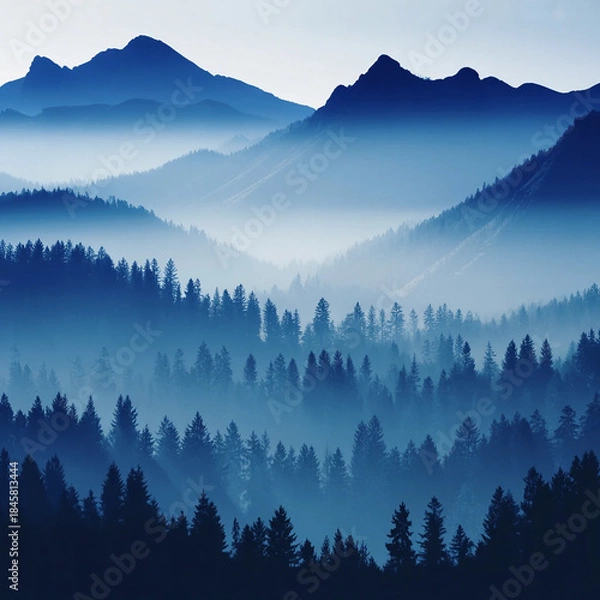 Fototapeta Layered blue mountain landscape with foggy pine forest