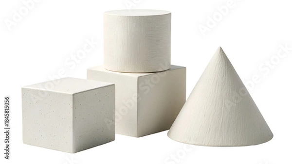 Fototapeta Minimalist White Geometric 3D Shapes Collection with Cube Cylinder and Cone