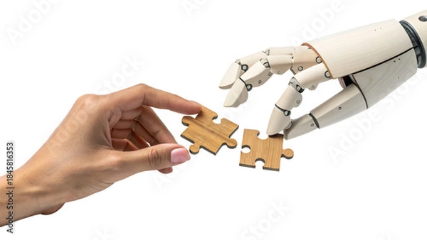 Fototapeta Human and Robot Hands Joining Puzzle Pieces for AI Collaboration and Technology Partnership Concept