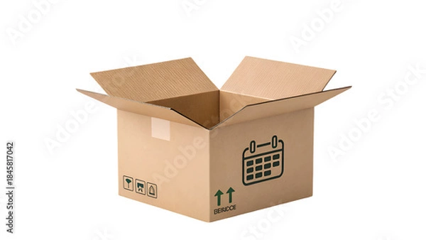 Fototapeta Open Cardboard Shipping Box with Fragile Icons and Calendar Graphic for Subscription Delivery