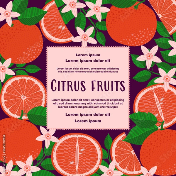 Obraz Citrus fruit illustration with grapefruits, slices, flowers, and green leaves framing a central text area. Perfect for food packaging, posters, covers, labels, summer ads, and organic branding.
