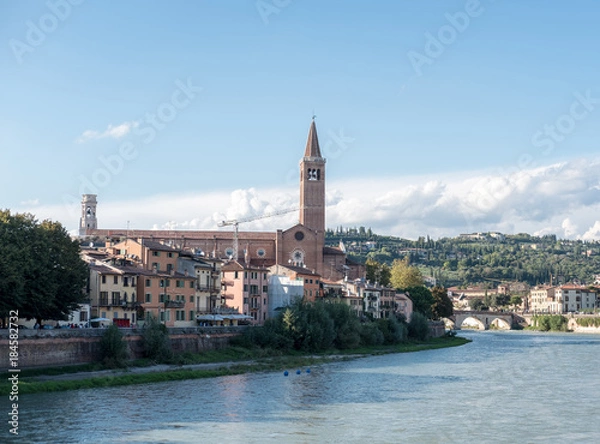 Fototapeta View of Verona. Ponte Pietra, once known as the Pons Marmoreus. It is the Roman arch bridge crossing Adige River