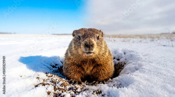 Obraz Groundhog Emerging from Burrow, Split Sunny and Overcast Background