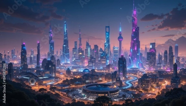 Fototapeta Beautiful futuristic smart city skyline illuminated at night featuring advanced architecture, glowing neon lights, and innovative urban design