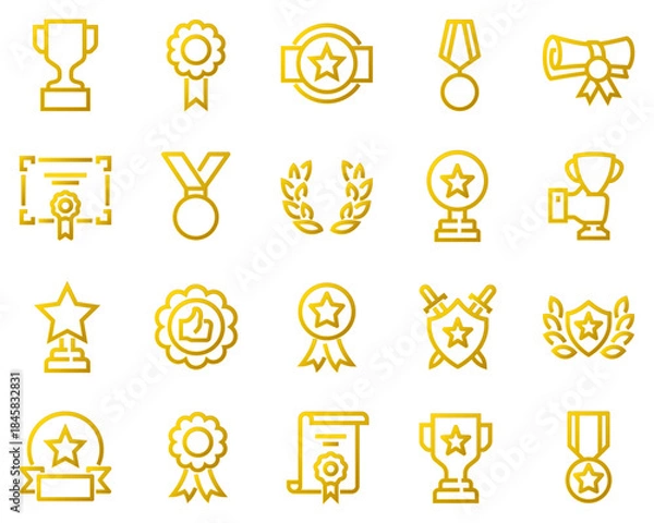 Fototapeta Line icon set of awards, trophies, medals, certificates, and achievement symbols. Perfect for UI, competition results, recognition badges, and success-related designs.	