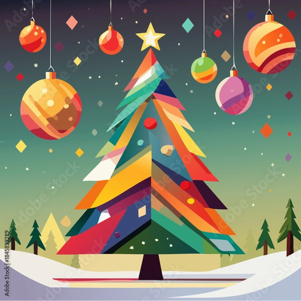 Obraz Colorful Geometric Christmas Tree Illustration — Modern Abstract Holiday Trees with Ornaments, Flat Vector Collection