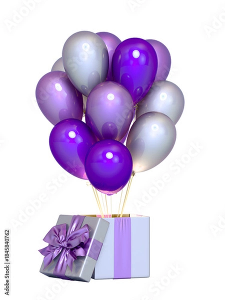 Fototapeta Colored gift box with ribbon and balloon on background. 