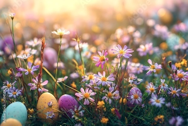 Fototapeta Easter eggs appearing in spring flower meadow
