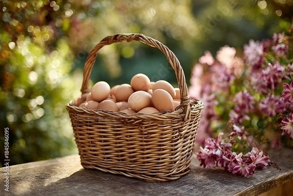 Fototapeta Farm fresh eggs in basket on wooden table outdoors