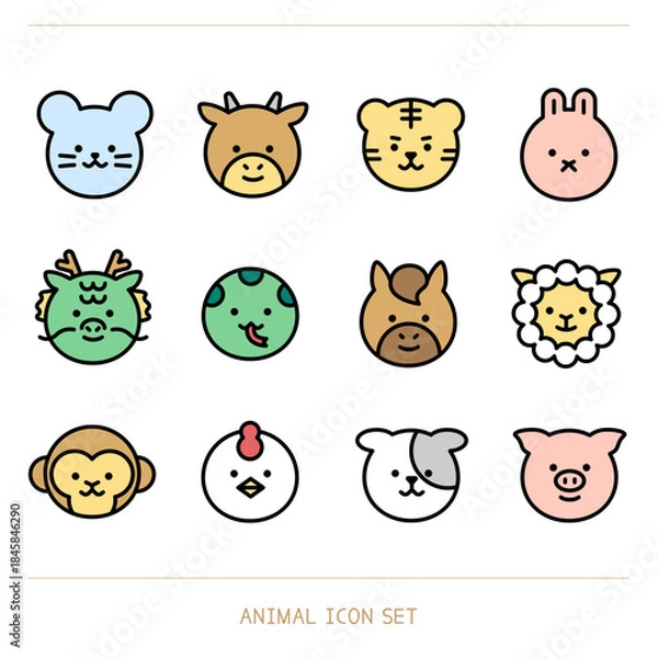 Fototapeta 십이간지 동물 얼굴 아이콘 세트