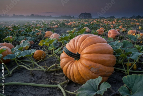 Fototapeta Large orange pumpkin growing in a field during the autumn harvest season