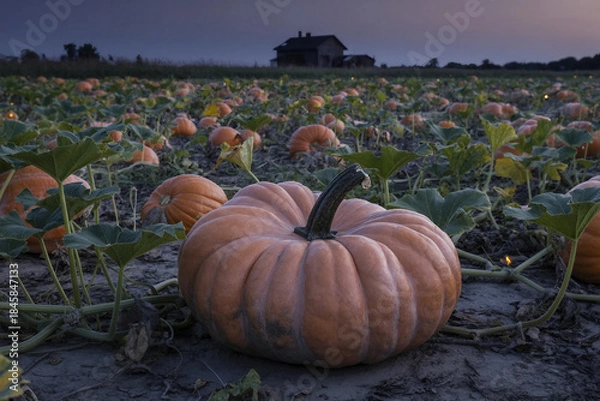 Fototapeta Large orange pumpkin growing in a field during the autumn harvest season