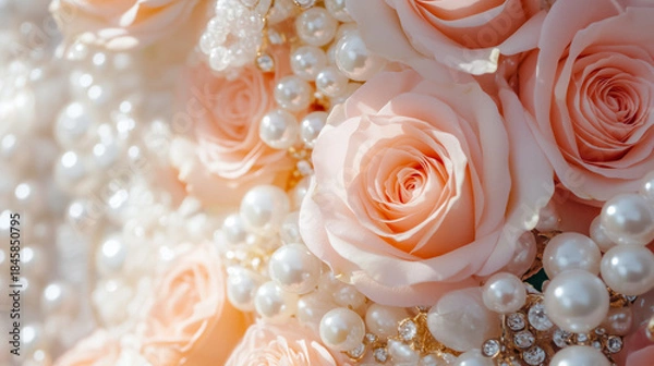 Obraz Pink roses and pearls arranged on lace background, palette of pastel pink, champagne gold, and pearl white, AI generated