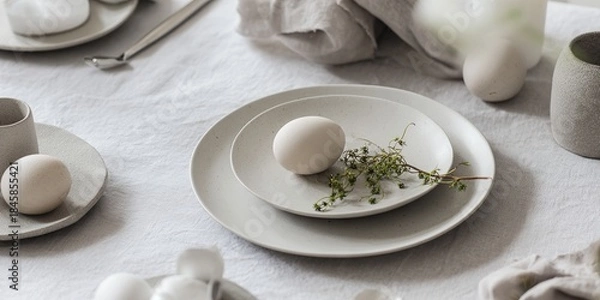 Obraz hyper realistic photograph of a minimalist Easter table setting, neutral colors, ceramic plates, boiled eggs