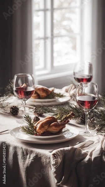 Obraz hyper realistic photograph of a modern luxury Christmas table, white porcelain plates