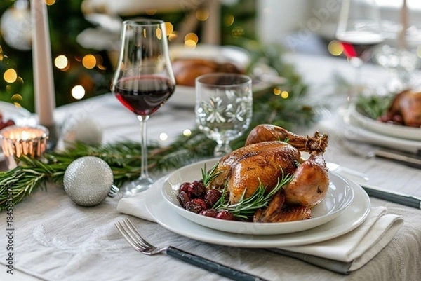 Obraz hyper realistic photograph of a modern luxury Christmas table, white porcelain plates, rosemary garnished roast chicken, red wine glasses