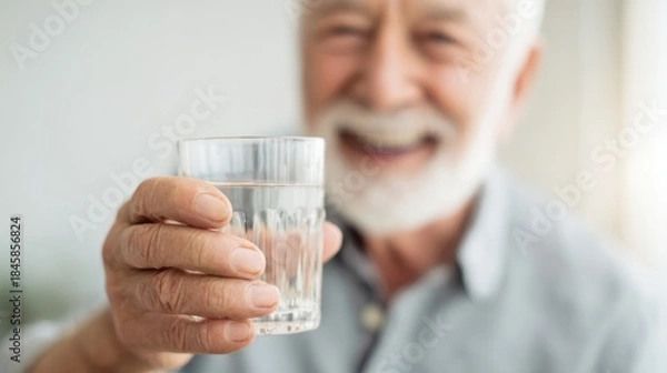 Fototapeta happy senior man holding a glass of water