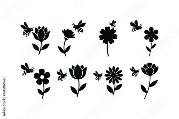 Fototapeta bee on flower silhouette vector set