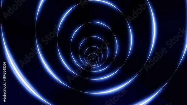 Obraz Tunnel of circles and blue glowing bright neon rings. Abstract background
