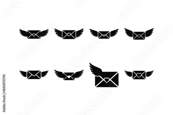 Fototapeta love envelope wing silhouette vector set