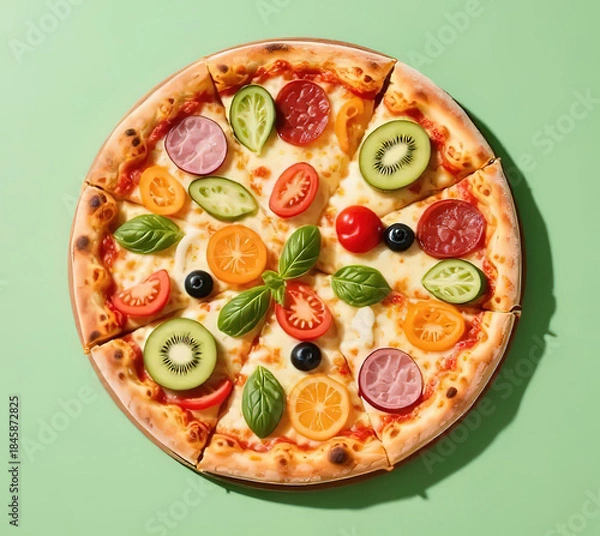 Fototapeta Pizza with a top view with various ingredients.