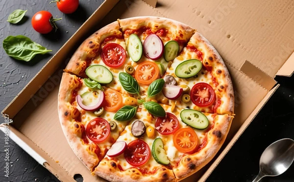 Fototapeta Pizza with a top view with various ingredients.