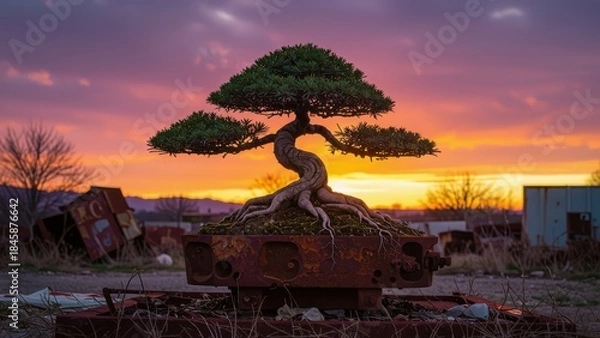 Obraz Bonsai Tree in Rusty Container at Sunset