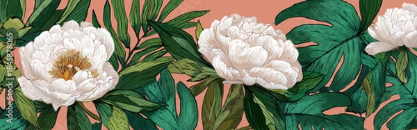 Fototapeta Botanical Peony Illustration on Blush Pink Background