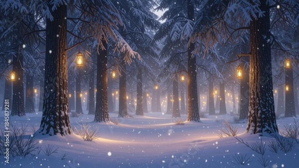 Obraz Snowy Forest Path with Lanterns