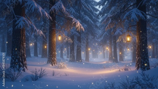 Obraz Snowy Forest Path with Lanterns