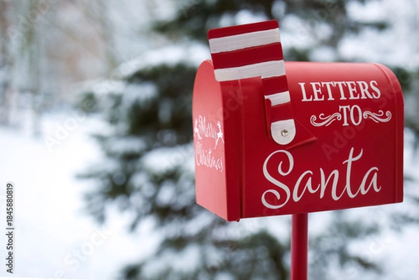 Fototapeta Santa's Mailbox in Snowy Scene. Red mailbox for letters to Santa, set in a snowy winter background
