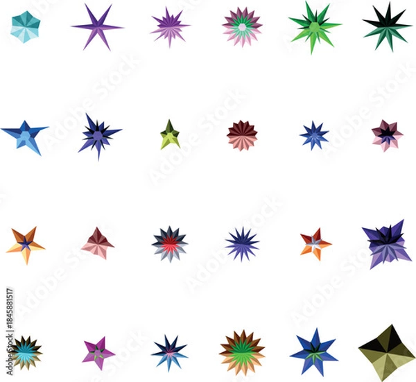 Fototapeta Many distinctive geometric star figures in varied colors presented on a pure white canvas