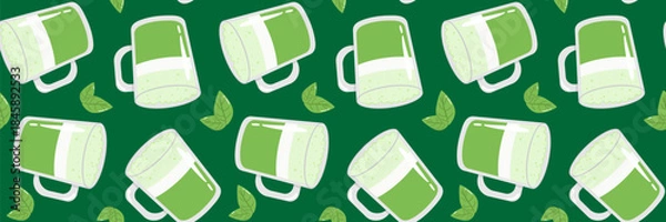 Fototapeta matcha latte seamless pattern green wallpaper background glass mugs tea leaves healthy drink cafe menu banner print web design packaging