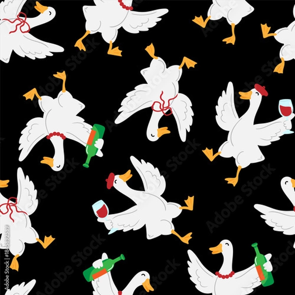 Fototapeta seamless pattern funny drunk geese dancing holding wine bottles glasses wearing berets bows black background party decoration textile print wallpaper