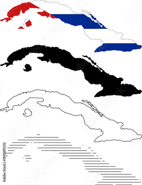 Fototapeta Set of four cuba map outlines and filled shapes, including one filled with the cuban flag colors, isolated on white background