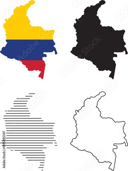 Fototapeta Set of four colombia map outlines colored flag, solid black silhouette, horizontal lines pattern, and simple white outline