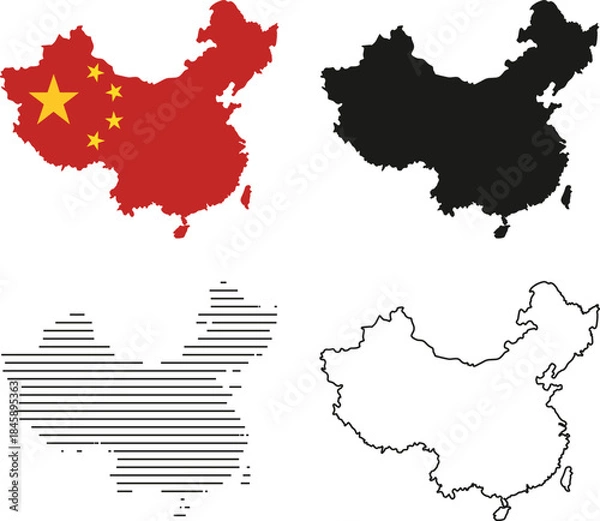 Fototapeta Set of four icons representing the map of china colored with the national flag, solid black silhouette, horizontal lines pattern, and outline drawing